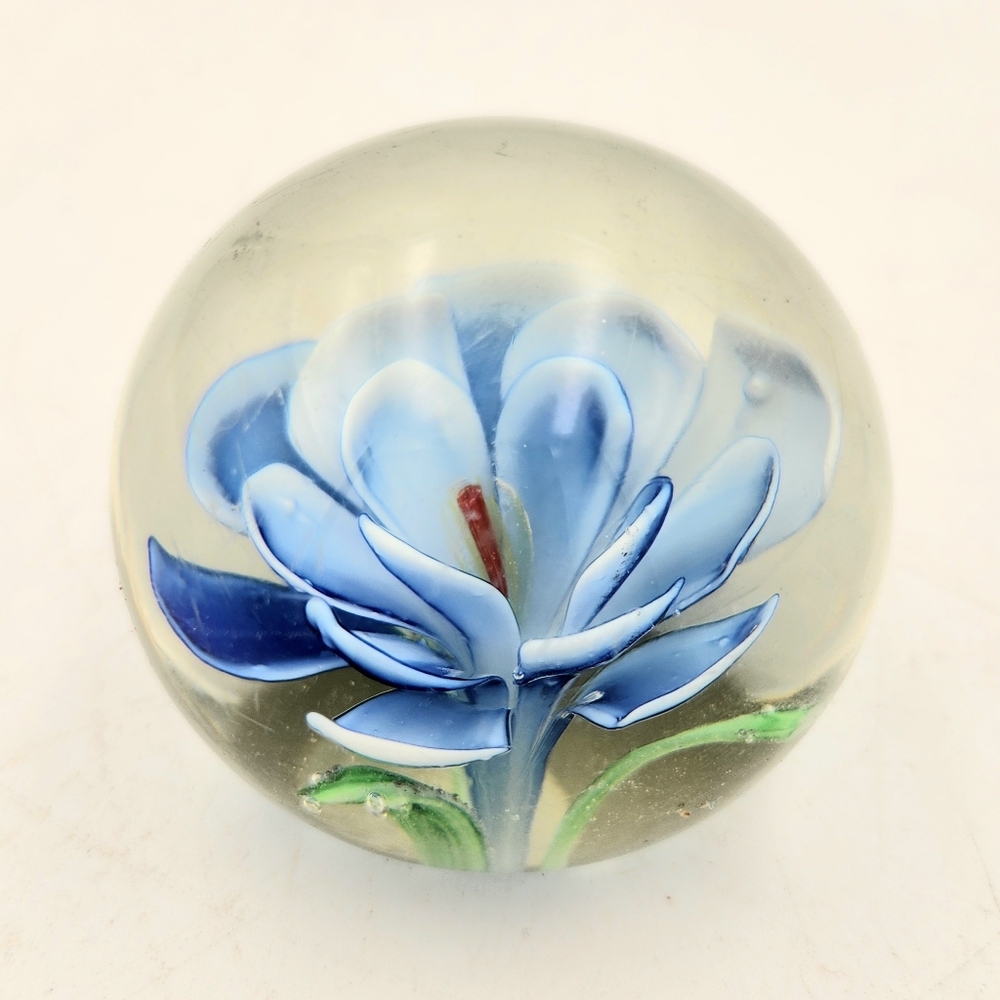 Art Glass Paperweight Orb Blue Flower Decor